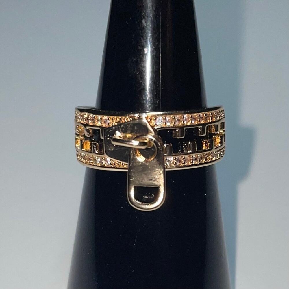 Rose Gold Plated Stainless Steel Zipper Ring with Cubic Zirconia Size 6.75